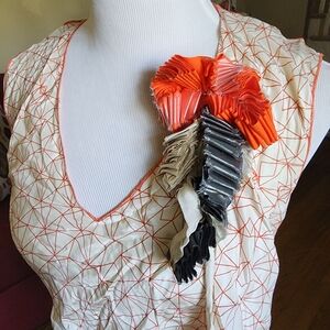 Geometric Patterned 100% Silk Top with Orange & Gray Accents & Removable Flower